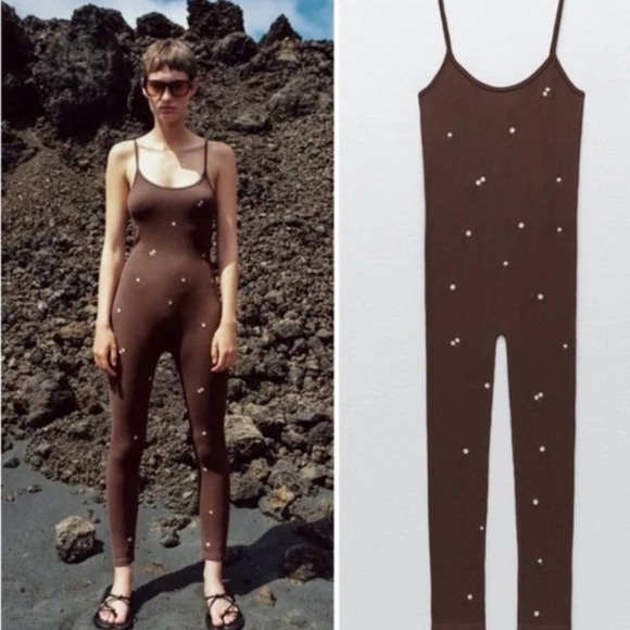 Zara Brown Jumpsuit with White Dots - Picture 2 of 3